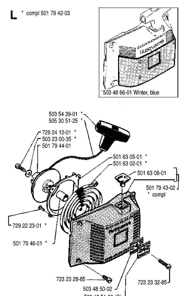 Starter Diagram and Parts List for 242 19900100001-19941400000 Husqvarna Chainsaw