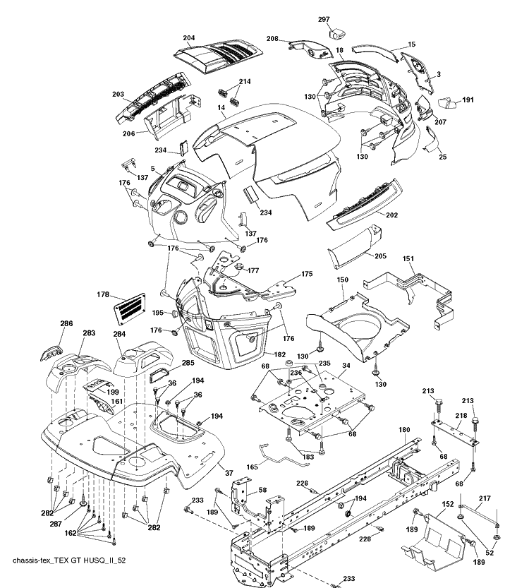 Chassis / Frame Diagram and Parts List for YTH26V54 (96048001100)(2010 - 12) Husqvarna Lawn Tractor
