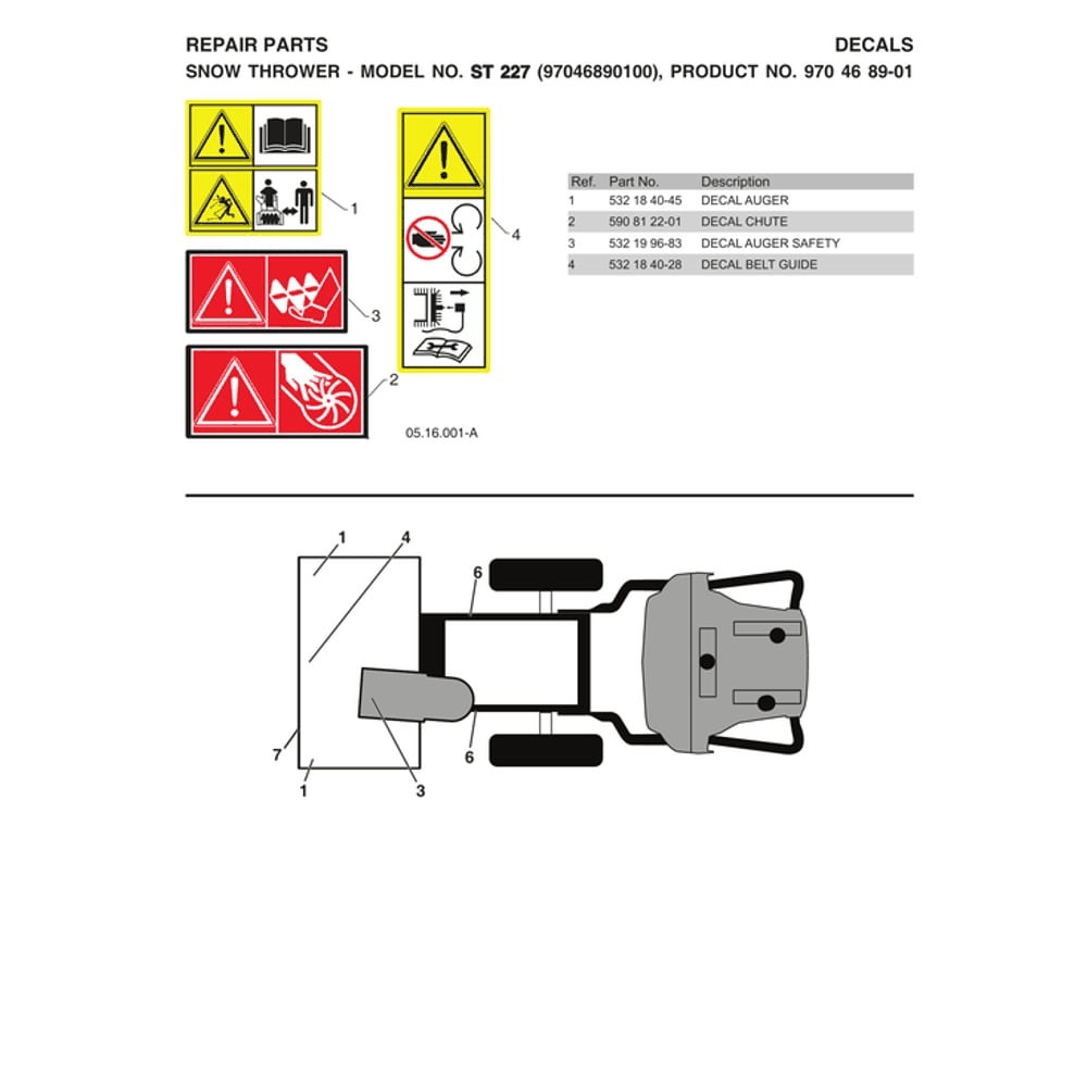 Decals 2 Diagram and Parts List for ST227-970528702  Husqvarna Snow Blower