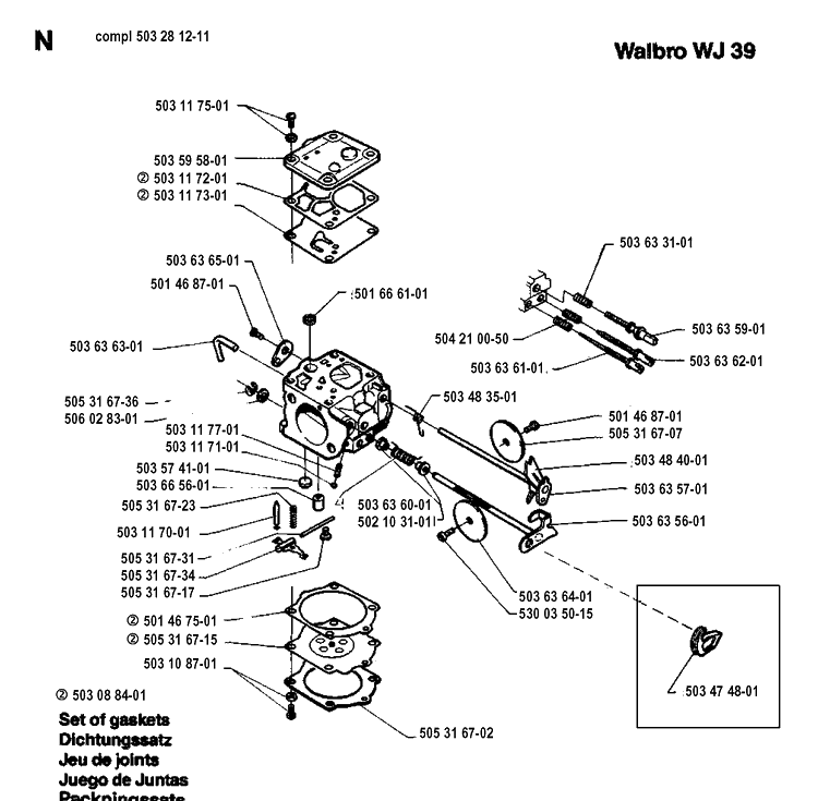 Carburetor Details Diagram and Parts List for 394XP 19940100001-19960100000 Husqvarna Chainsaw