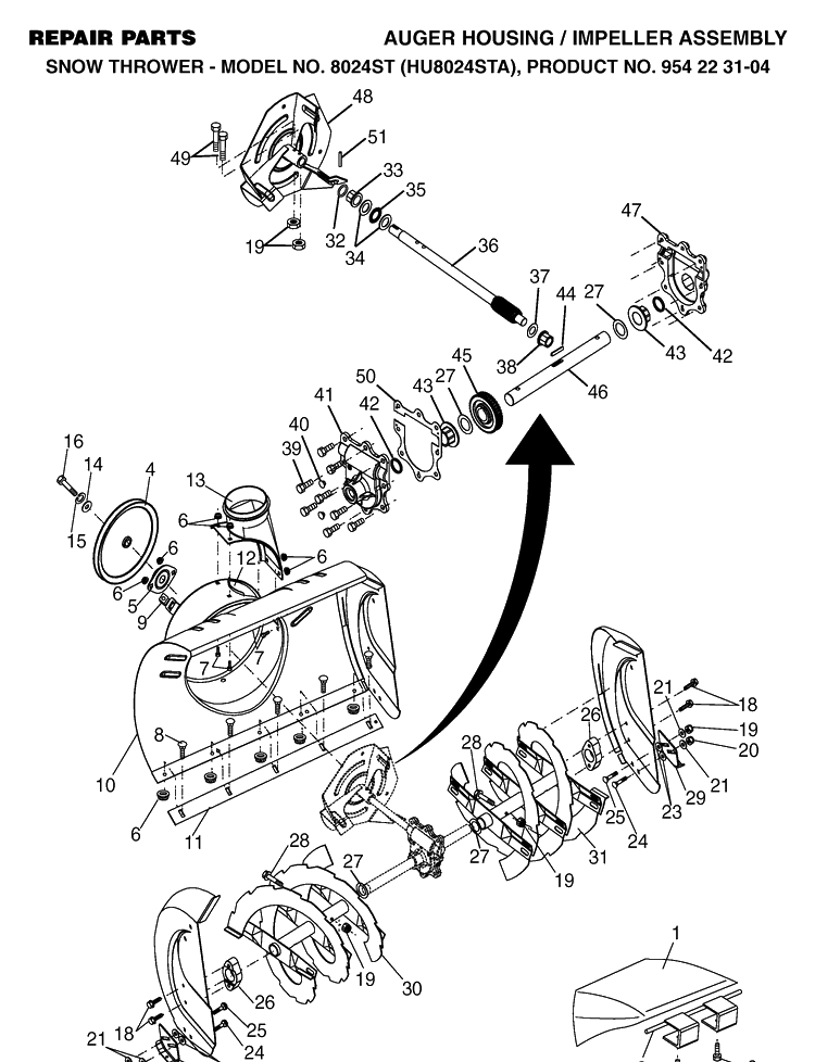 Auger Housing And Impeller Diagram and Parts List for 8024ST (HU8024STA)(2002-09) Husqvarna Snow Blower