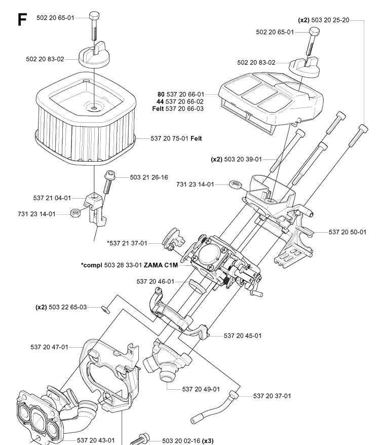 Carburetor And Air Filter Diagram and Parts List for 575XP 20051400001-20070100000 Husqvarna Chainsaw