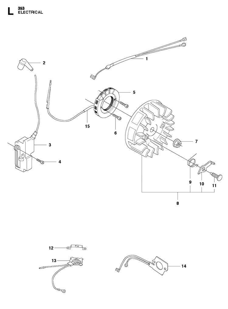 Electrical Diagram and Parts List for 353  Husqvarna Chainsaw