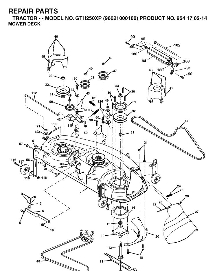 Mower Deck / Cutting Deck Diagram and Parts List for GTH250XP (96021000100)(2005-01) Husqvarna Lawn Tractor