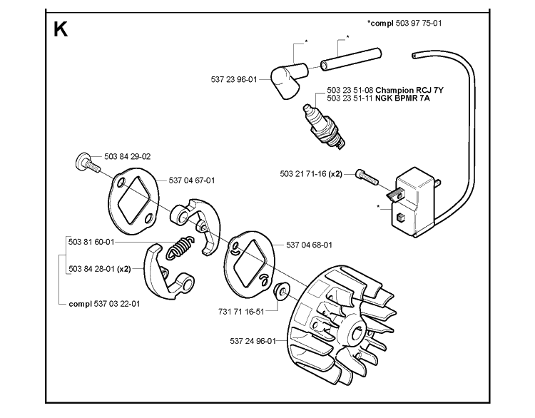 Ignition System Diagram and Parts List for 123L  Husqvarna Edger