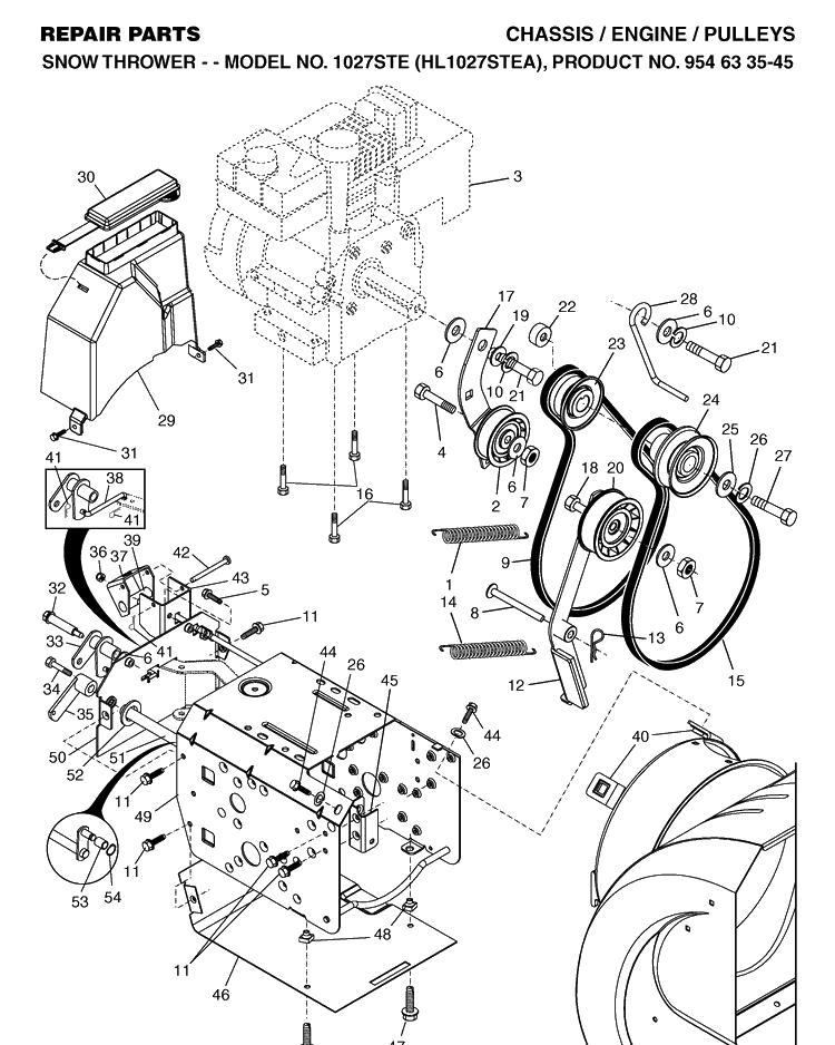 Chassis, Engine And Pulleys Diagram and Parts List for 1027STE (10527STE)(2004-03) Husqvarna Snow Blower