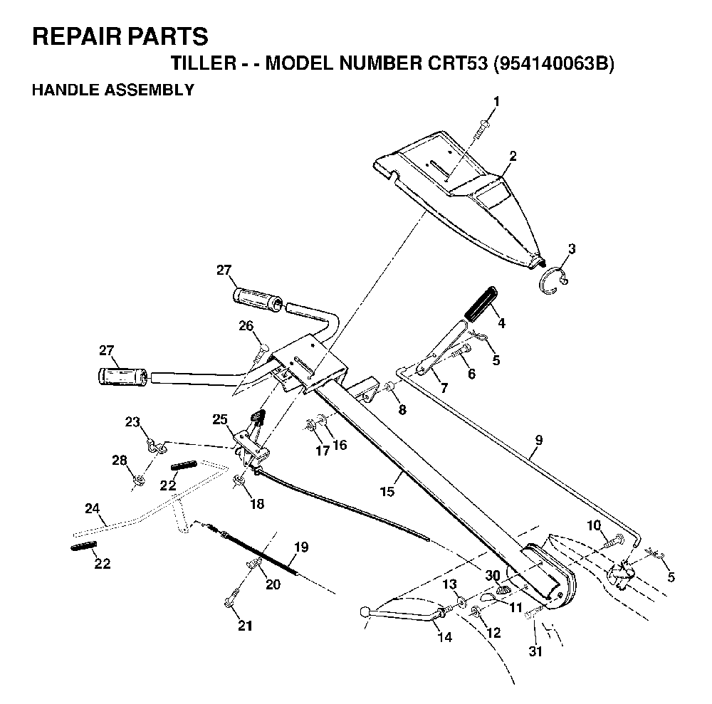 Handle And Controls Diagram and Parts List for CRT53 (954140063B)(1998-07) Husqvarna Tiller