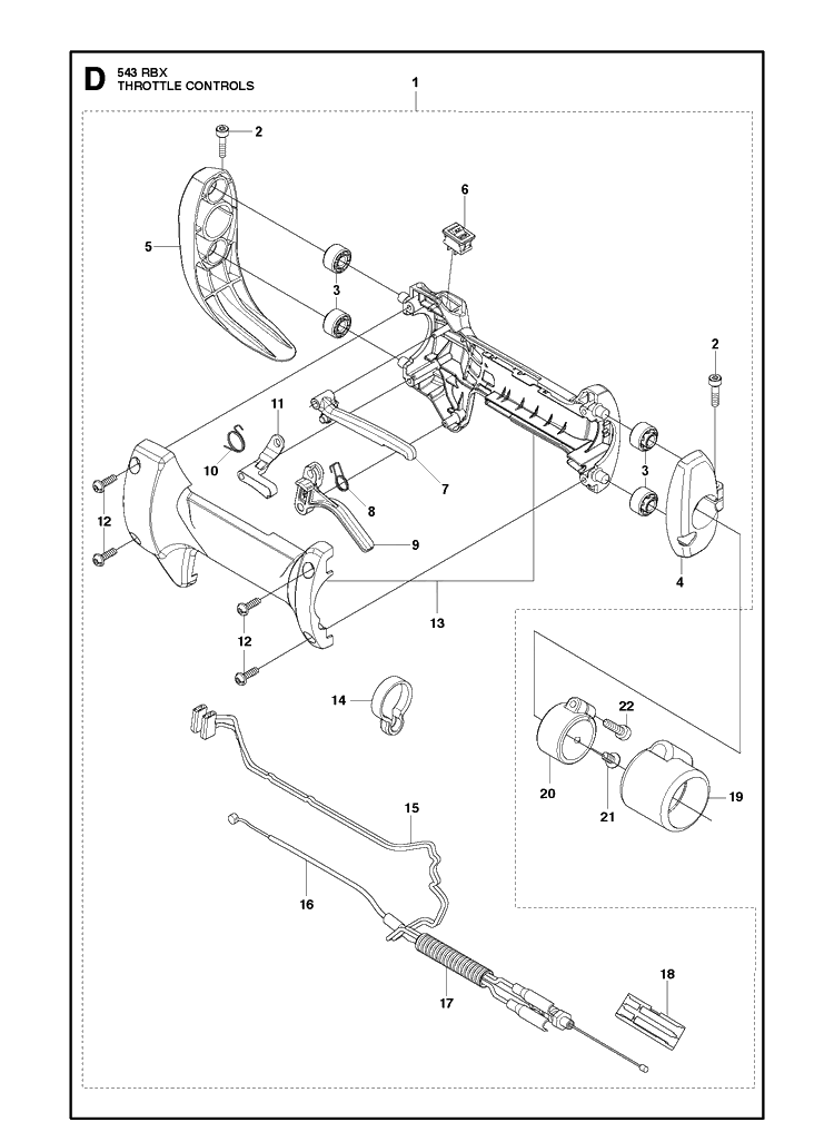 Throttle Controls Diagram and Parts List for 543RBX 20182200001-Current Husqvarna Brush Cutter
