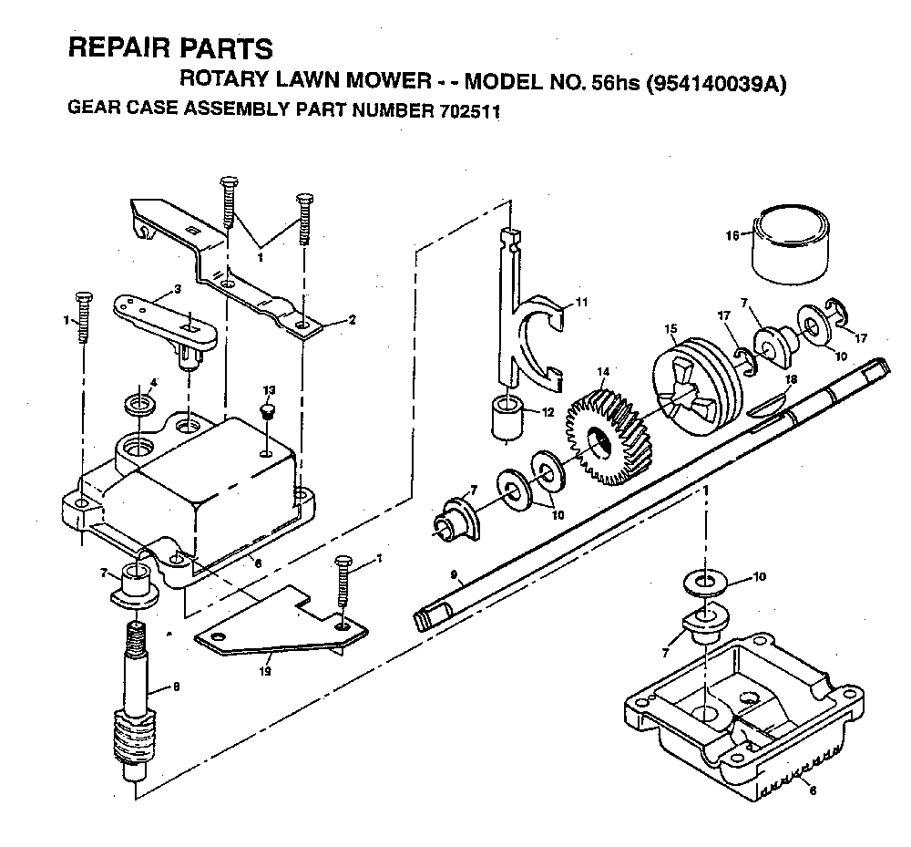 Gear Case Diagram and Parts List for 56HS (954140039A, 702511)(1996-10) Husqvarna Lawn Mower