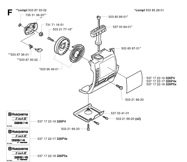 Starter Diagram and Parts List for 326P 20021800001-20042300000 Husqvarna Pole Saw