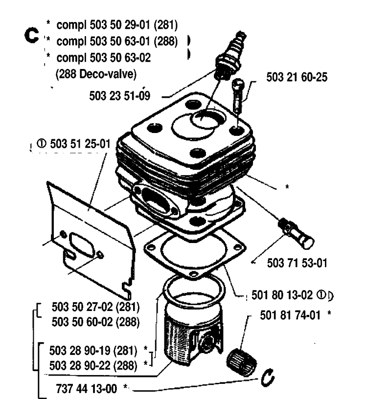 Cylinder Piston Diagram and Parts List for 288 19933600001-19974900000 Husqvarna Chainsaw