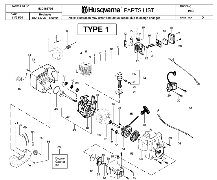 Engine Diagram and Parts List for 24C 20050600001-Current Husqvarna Edger