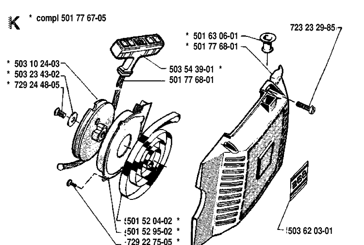 Starter Diagram and Parts List for 268 19910500001-19933600000 Husqvarna Chainsaw