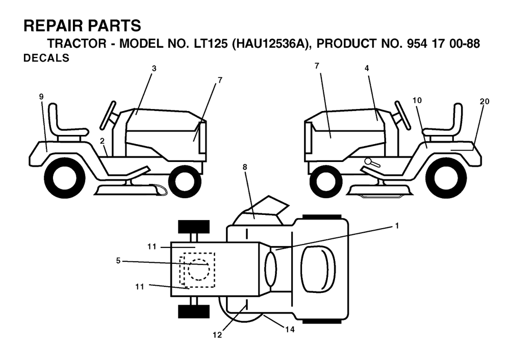 Decals Diagram and Parts List for LT125 (954170088-A)(2003-01) Husqvarna Lawn Tractor