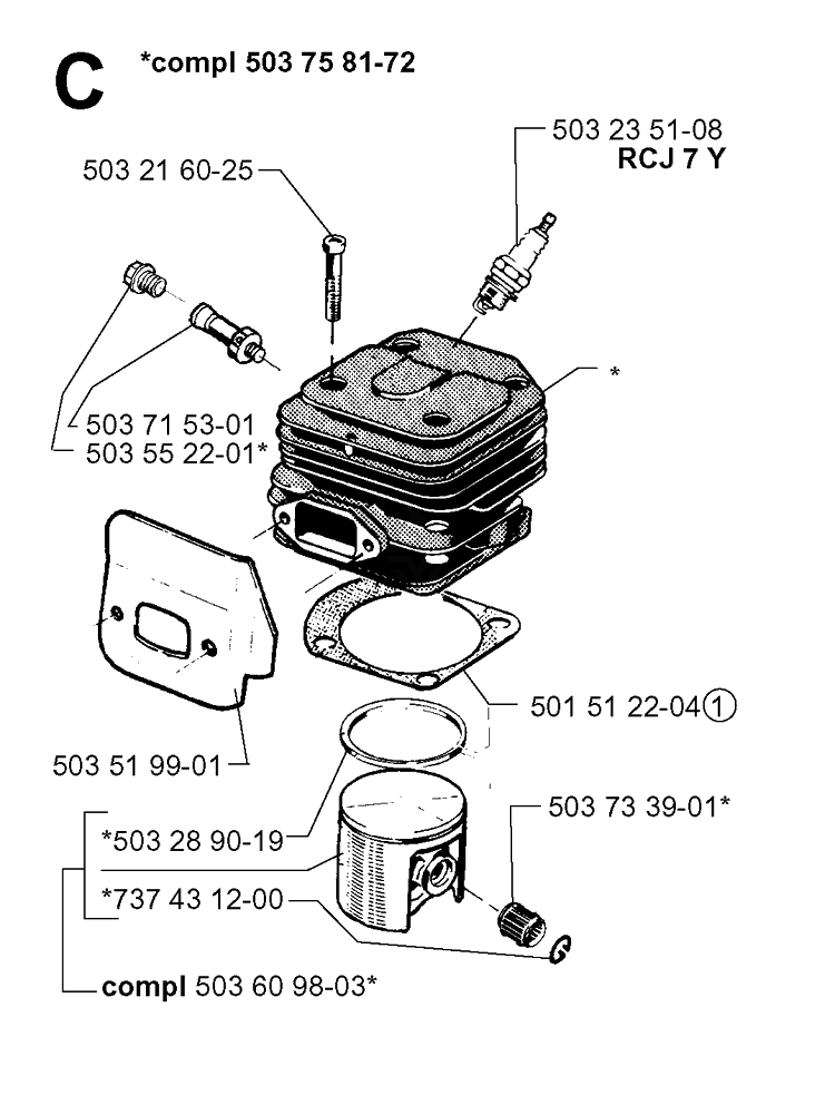 Cylinder Piston Diagram and Parts List for 272XP 19994500001-20070100000 Husqvarna Chainsaw