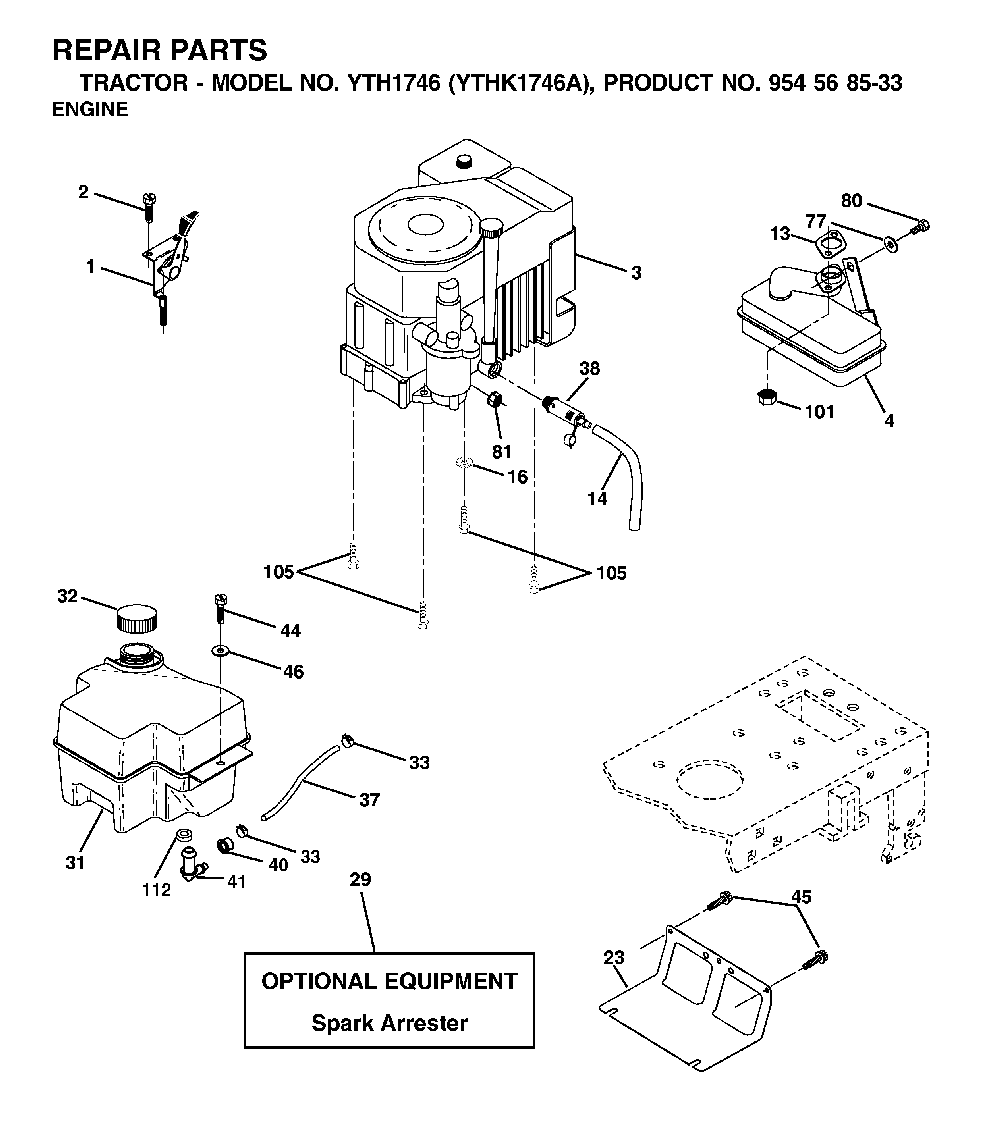 Engine Diagram and Parts List for YTH1746A (954568533)(2002-01) Husqvarna Lawn Tractor