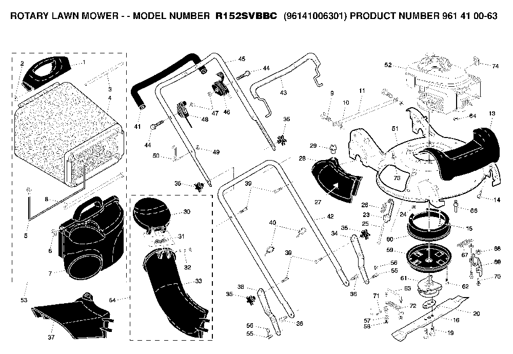 Product Complete Diagram and Parts List for R152SVH-BBC (96141006301, 961410063)(2008-02) Husqvarna Lawn Mower