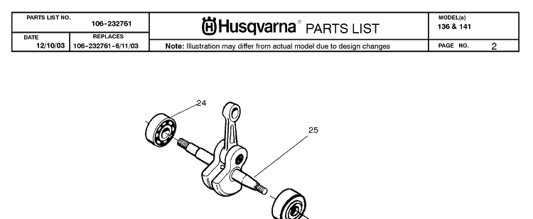 Crankshaft Diagram and Parts List for 136 20040100001-Current Husqvarna Chainsaw