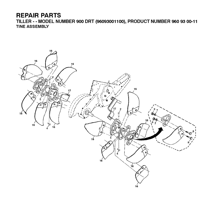 Tine Assembly Diagram and Parts List for DRT900 (96093001101)(2010-10) Husqvarna Cultivator