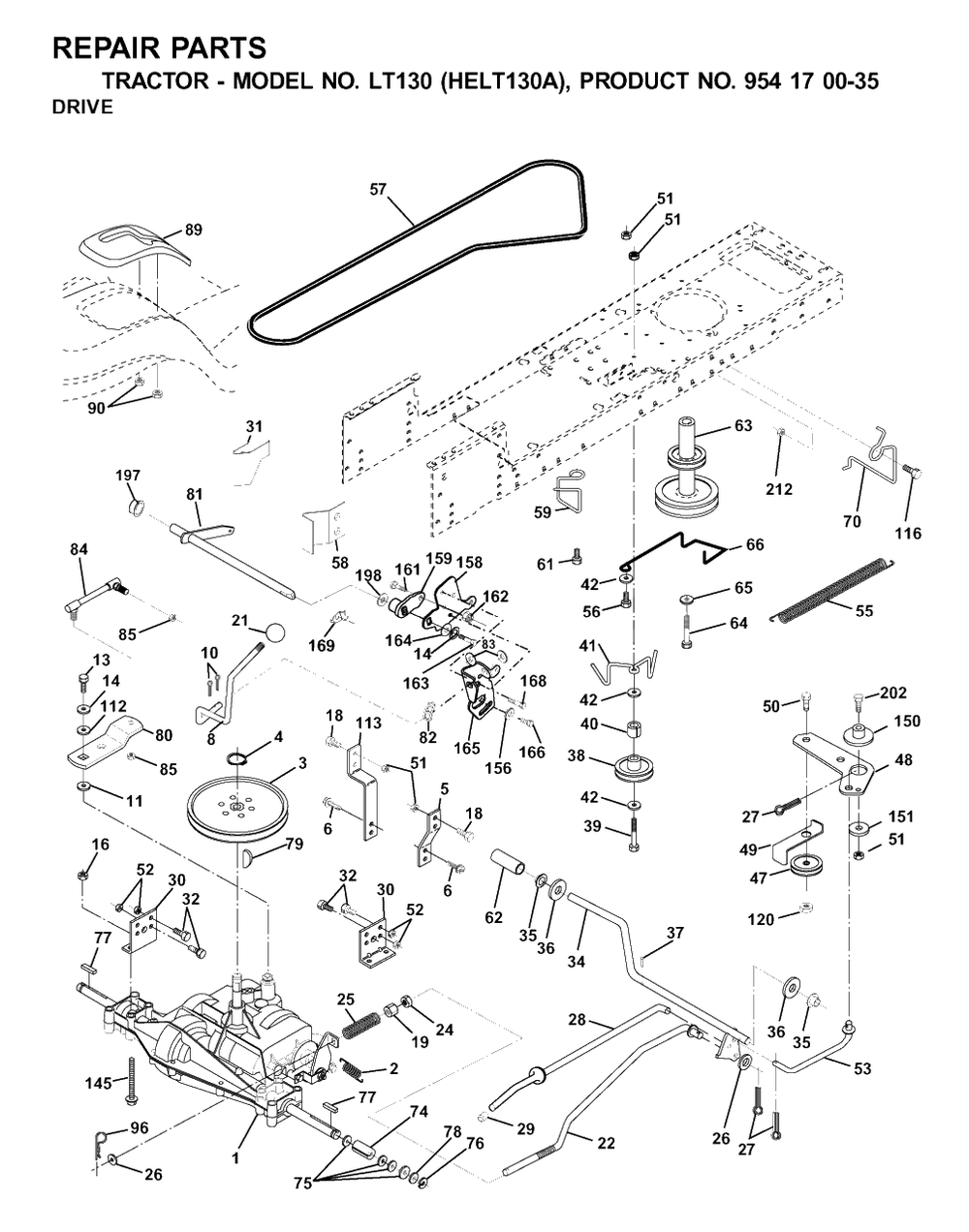 Drive Diagram and Parts List for LT130 (954170035-A)(2001-01) Husqvarna Lawn Tractor