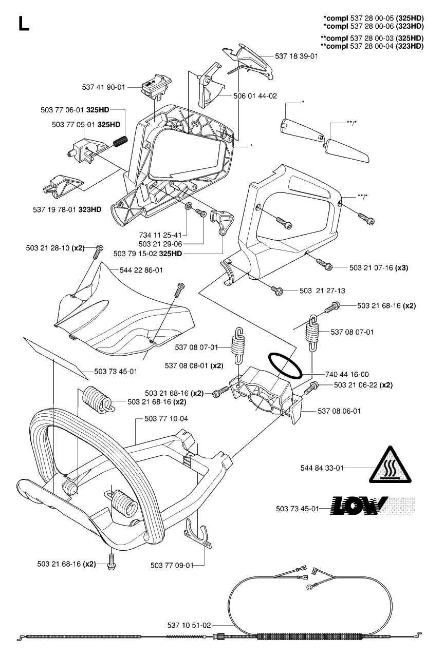Handle And Controls Diagram and Parts List for 325HD75X 20062300001 - 20081400000 Husqvarna Hedge Trimmer