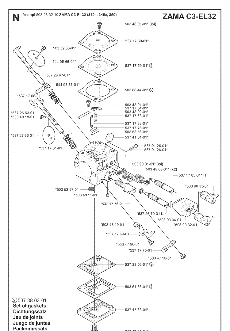 Carburetor Diagram and Parts List for 345 20070100001-Current Husqvarna Chainsaw