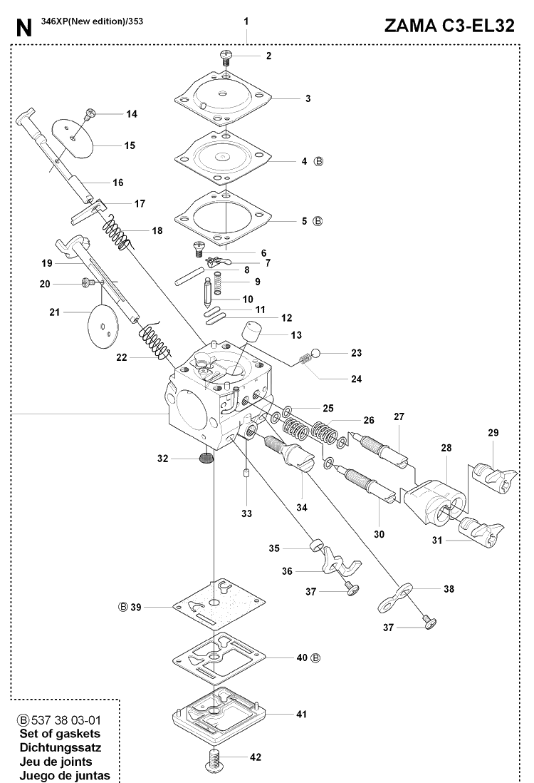 Carburetor Details Diagram and Parts List for 353 20071300001-20090400000 Husqvarna Chainsaw