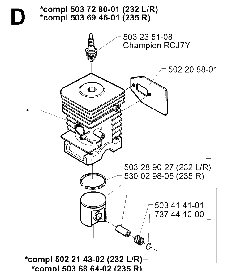 Cylinder Piston Diagram and Parts List for 232L 19980100001-20001400000 Husqvarna Edger