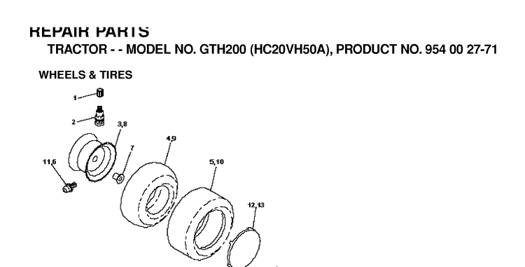 Wheels And Tires Diagram and Parts List for GTH200 (HC20VH50A)(1996-04) Husqvarna Lawn Tractor