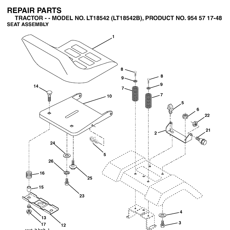 Seat Diagram and Parts List for LT18542-LT18542B 2004-02 Husqvarna Lawn Tractor