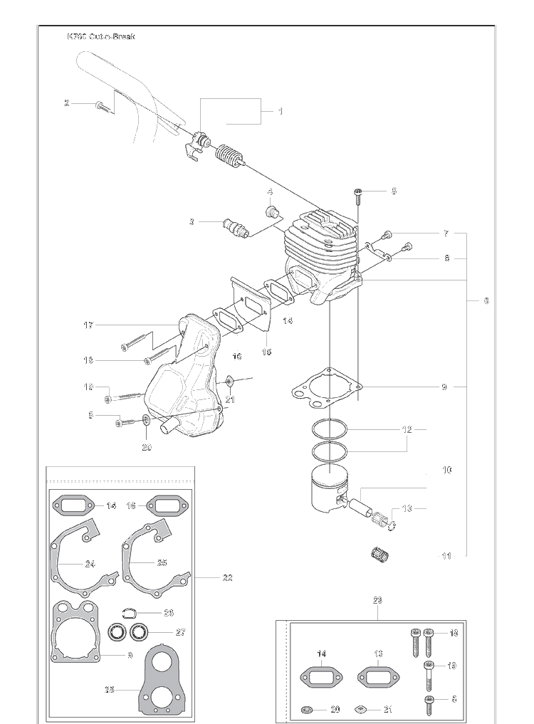 Cylinder Assembly And Muffler And Muffler Mounting Kit And Gasket Kit Diagram and Parts List for K760CUT-N-BREAK 2009-11 Husqvarna Table Saw Accessories