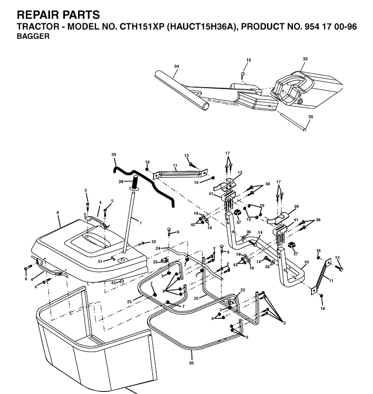 Bagger Diagram and Parts List for CTH151XP (HAUCT15H36A)(2004-01) Husqvarna Lawn Tractor