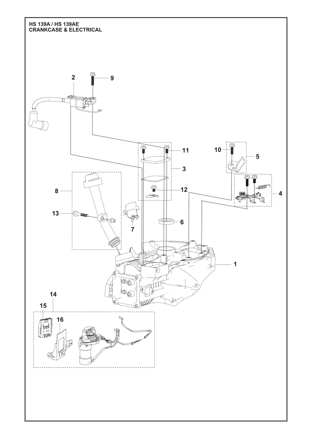Crankcase And Electrical Diagram and Parts List for HS139A531450601 HS 139AE 531450801, 531450802 Husqvarna Engine