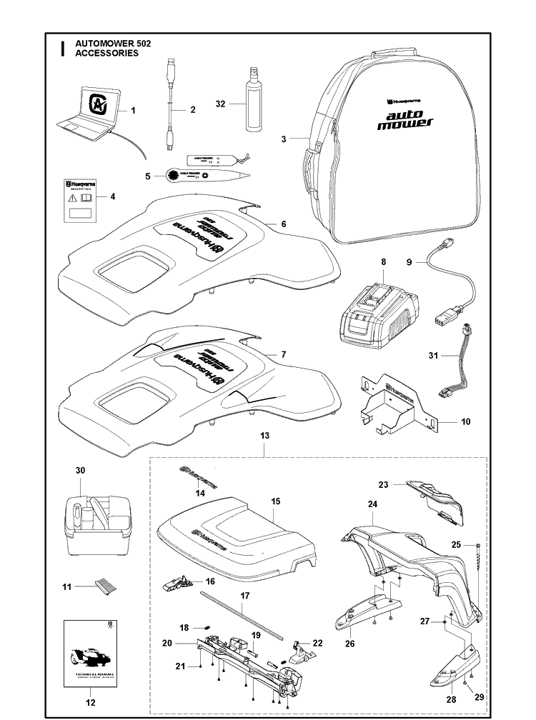 Accessories Diagram and Parts List for 502 2021-01 Husqvarna Lawn Mower