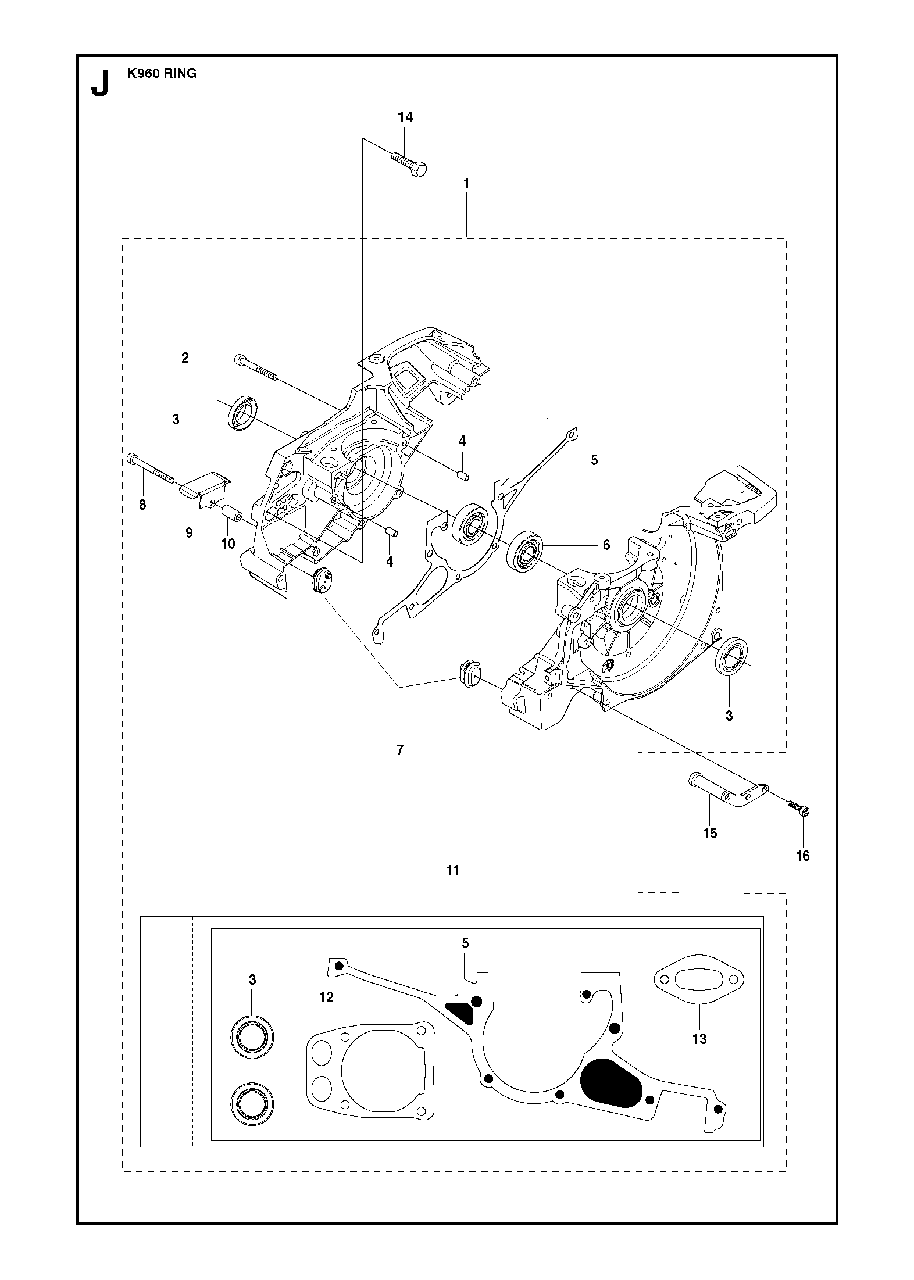 Crankcase Diagram and Parts List for K960RING 2008-03 Husqvarna Circular Saw