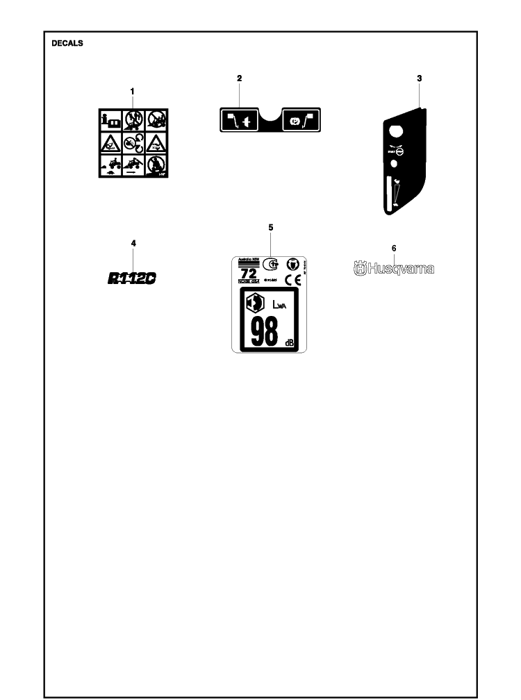 Decals Diagram and Parts List for R112C (967178402)(2021-01) Husqvarna Lawn Mower