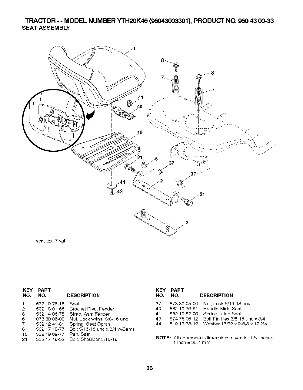 Seat Diagram and Parts List for YTH20K4696043003301 2008-01 Husqvarna Lawn Tractor