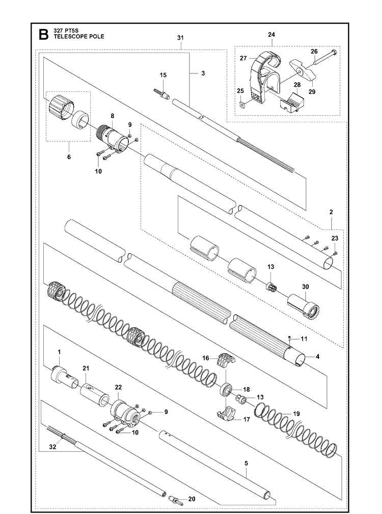 Telescope Pole Diagram and Parts List for 327PT5S 20120100001-Current Husqvarna Pole Saw