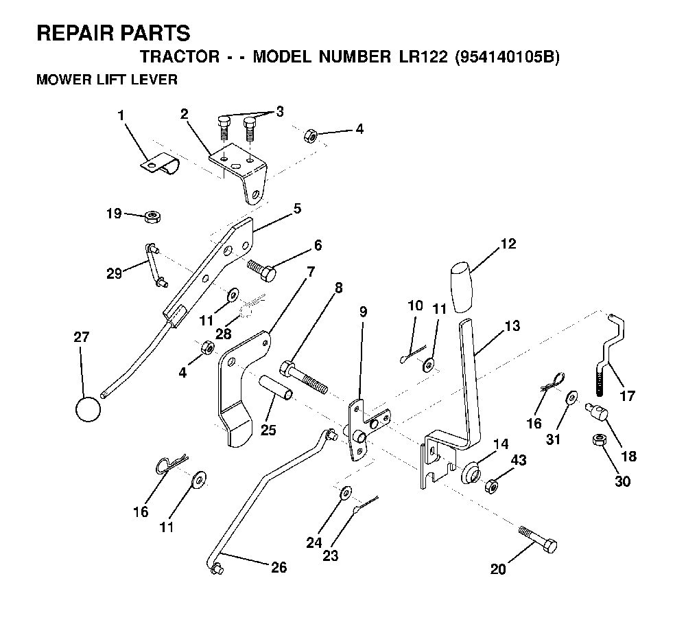 Mower Lift Lever Diagram and Parts List for LR122 (954140105B)(2000-01) Husqvarna Lawn Tractor