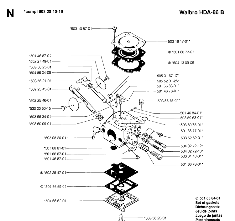 Carburetor Details Diagram and Parts List for 250PS 19960500001-19984000000 Husqvarna Pole Saw