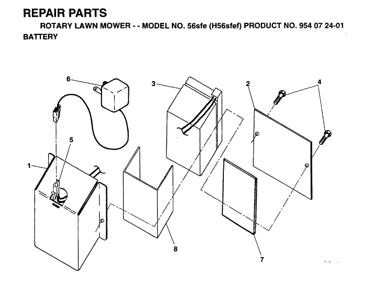 Battery Diagram and Parts List for 56DHS (H56DHSB)(1995-03) Husqvarna Lawn Mower