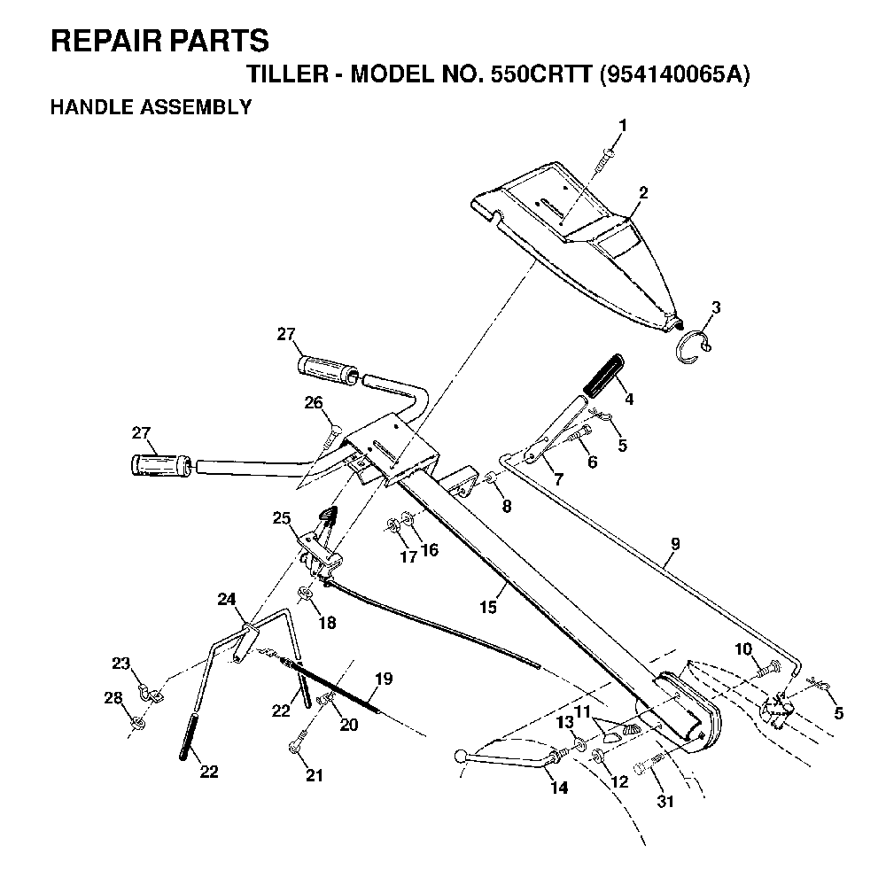 Handle And Controls Diagram and Parts List for 550CRTT (954140065A)(1998-02) Husqvarna Tiller