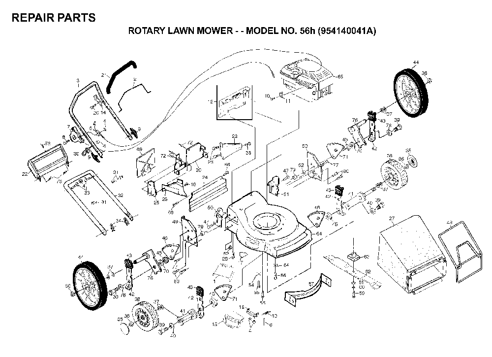 Product Complete Diagram and Parts List for 56H (954140041A)(1998-02) Husqvarna Lawn Mower