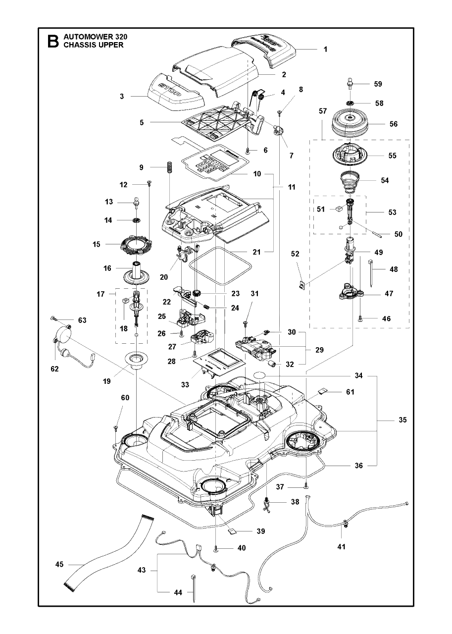 Chassis Upper Diagram and Parts List for 320 2013-06 Husqvarna Lawn Mower
