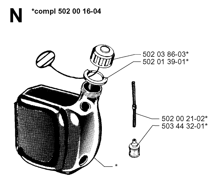 Fuel Tank Diagram and Parts List for 265RX 19954500001-19991000000 Husqvarna Brush Cutter
