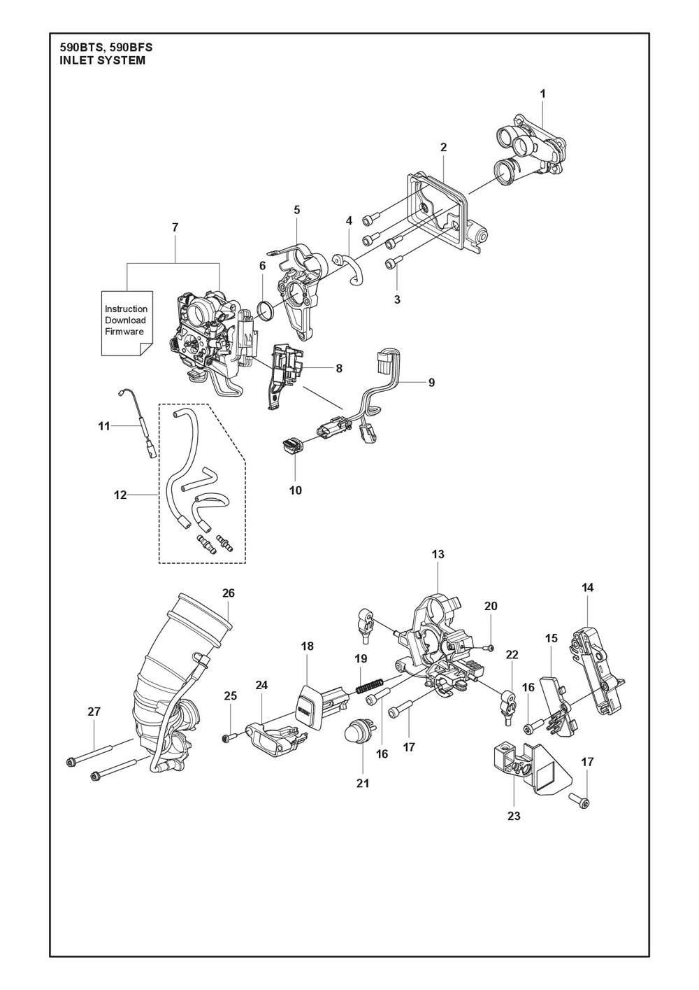 Inlet Manifold Diagram and Parts List for 590BTS  Husqvarna Leaf Blower / Vacuum