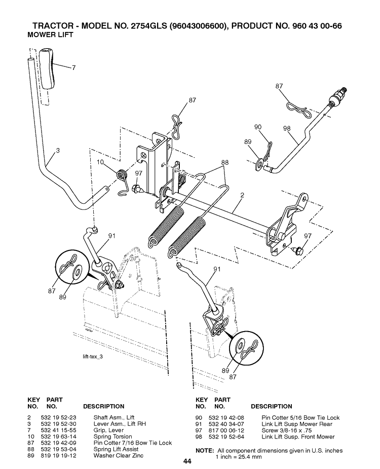 Mower Lift / Deck Lift Diagram and Parts List for 2754GLS (96043006600)(2008-12) Husqvarna Lawn Tractor