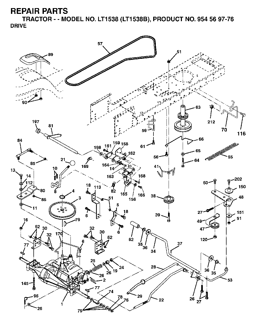 Drive Diagram and Parts List for LT1538 (LT1538B, 954569776)(2002-11) Husqvarna Lawn Tractor