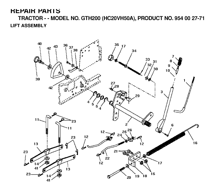 Mower Lift / Deck Lift Diagram and Parts List for GTH200 (HC20VH50A)(1996-04) Husqvarna Lawn Tractor