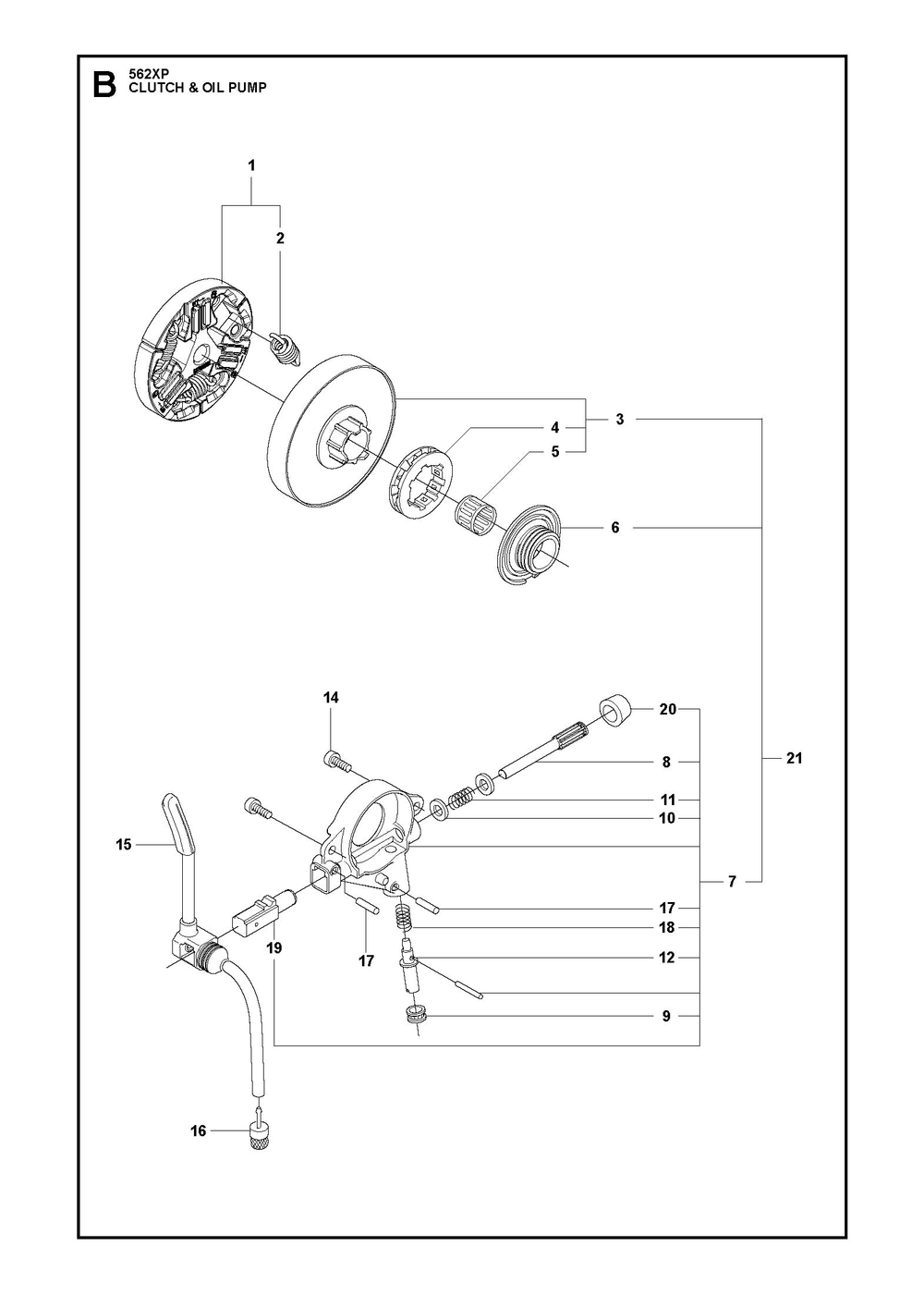 Clutch And Oil Pump Diagram and Parts List for 562XP-562XPG 562 XP W - 562 XP GW Husqvarna Chainsaw